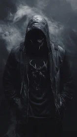 Hooded dark figure emerges from swirling smoke and shadow
