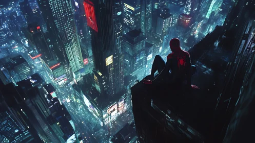 Spider-suited figure overlooks dense neon cityscape at night