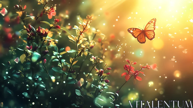 Sunlit monarch butterfly hovers above glowing bokeh garden
