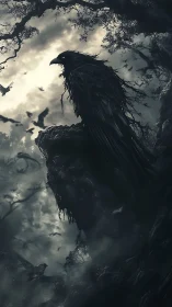 Monolithic raven silhouette dominates storm-lit cliffside.