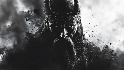 Monochrome Viking warlord portrait in dynamic ink dispersion.