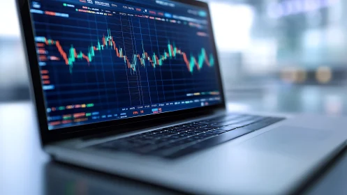 Laptop displaying financial market candlestick chart screen.