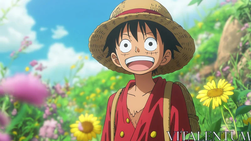 Straw-hatted anime boy smiles brightly in sunny wildflower field