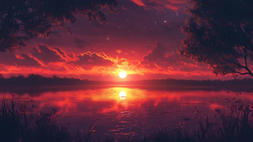 Crimson volumetric sunset over still lake with silhouetted trees