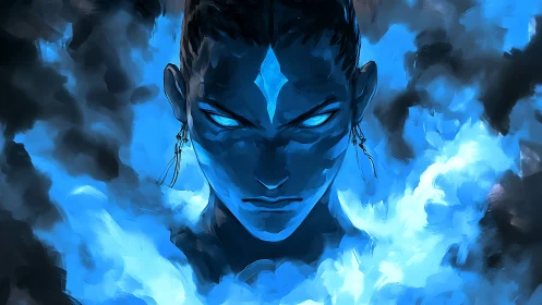 Blue elemental warrior emerges from swirling spectral flame.