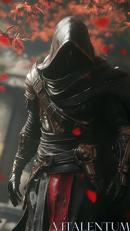 Hooded armored assassin under red autumn leaves in focus.