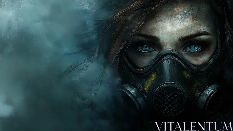 Storm-kissed survivor gazes ahead through a worn gas mask
