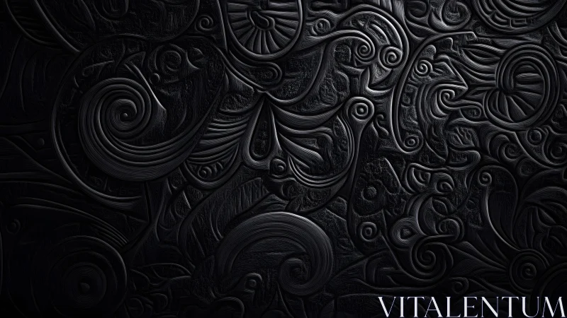 Intricate dark abstract swirls in embossed textured style artwork.