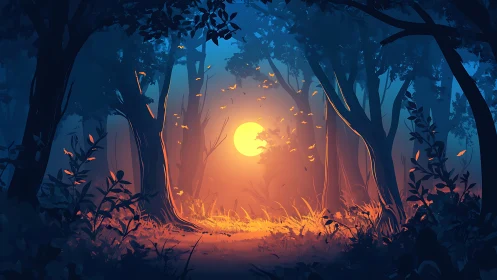 Enchanted Forest Sunset: Luminous Orb Through Silhouetted Canopy
