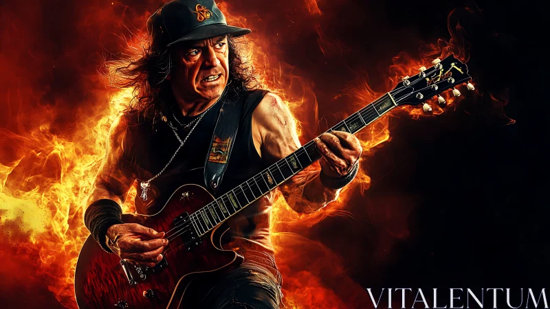 Fiery rock guitarist shreds electric solo in molten blaze.