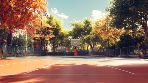 Sunlit outdoor basketball court rests under glowing autumn trees