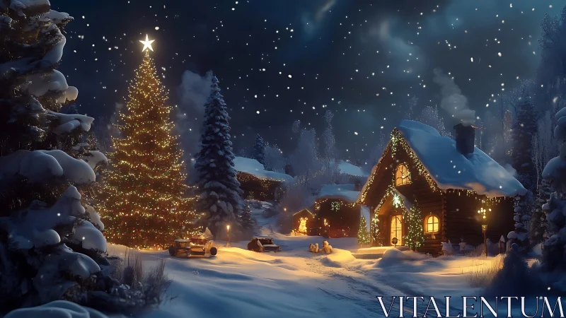 Winter cabin under glowing Christmas tree lights at night.