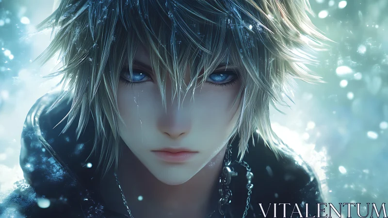 Ice-eyed anime warrior faces falling snow in silence.