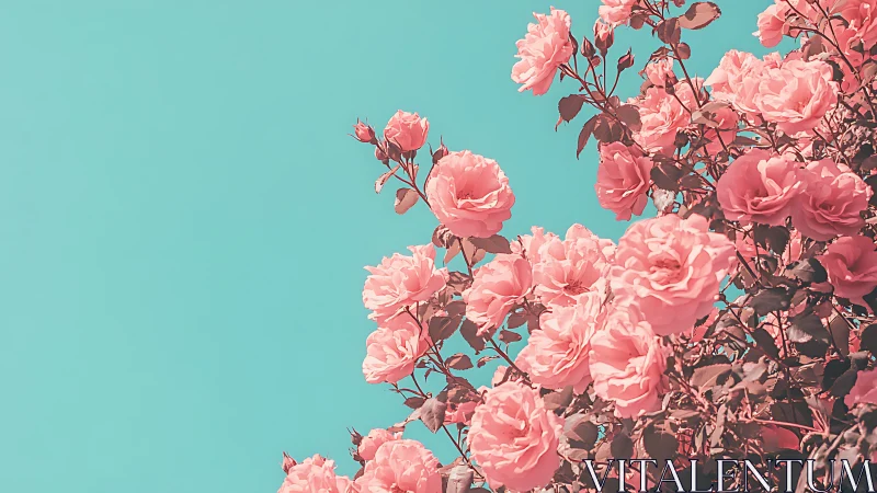 Clustered pink roses against turquoise sky: botanical composition with saturated chromatic contrast