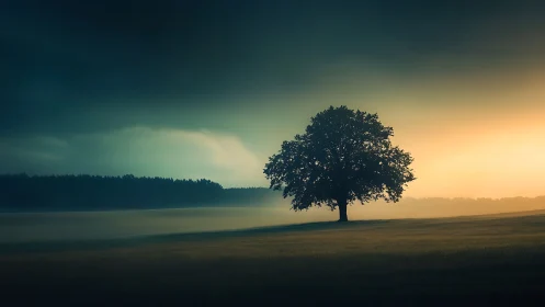 Solitary oak in gradient dawn mist with cinematic tonal contrast.