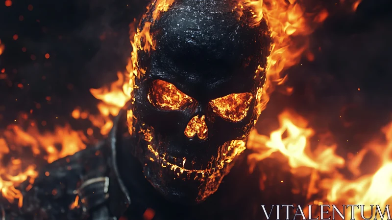 Incandescent flaming skull rendered with high dynamic contrast.