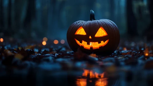 Carved jack o lantern sits on wet forest ground at dusk