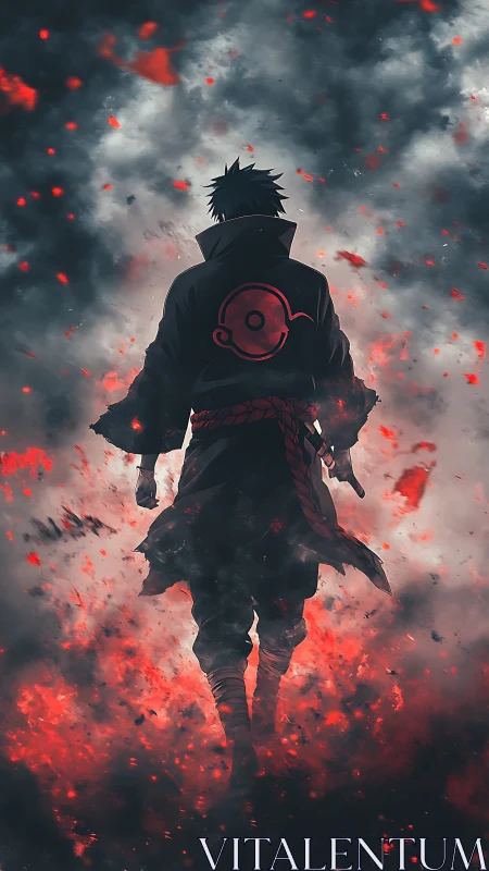 Lone anime warrior advances through burning crimson smoke