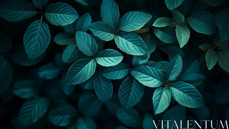 Moody teal foliage with soft vignette and shallow focus.