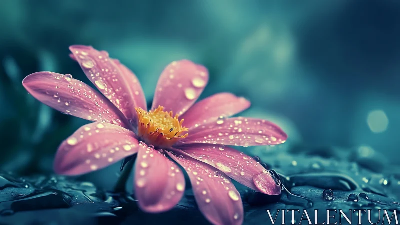 Pink Flower Glistening with Morning Dew Drops.