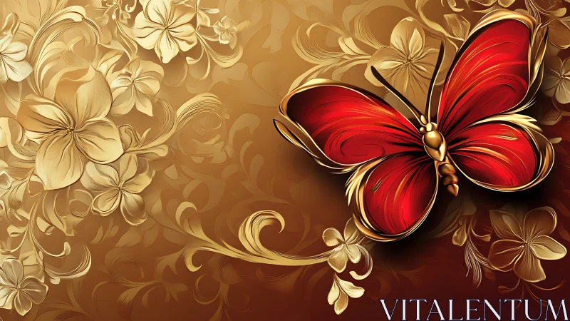 Red butterfly glows over ornate gold floral arabesque.