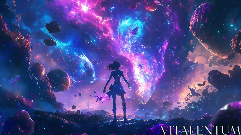 Lone space traveler confronts a glowing galactic rift.