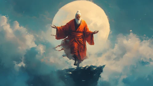 Mystic monk in orange robes before luminous full moon.