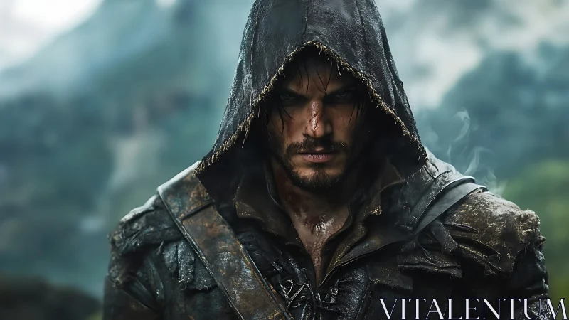 Hooded male figure stands outdoors in wet, worn leather gear