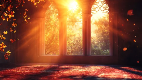 Digital painting of sunlit gothic arches with autumn glow.