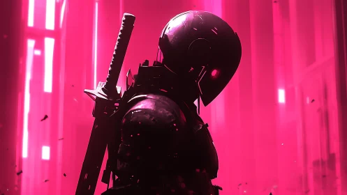 Cyberpunk katana operative in neon-saturated vertical glow field.
