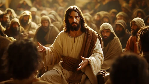 Teacher in flowing robes addresses gathered followers calmly.