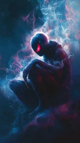 Hooded humanoid silhouette crouches in luminous vapor field