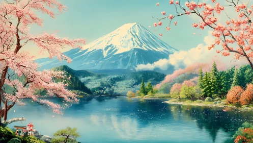 Snow-capped mountain crowns serene lake of spring blossoms