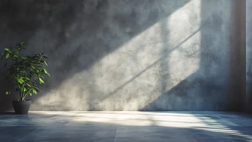 Minimalist concrete interior captures raking sunlight and foliage