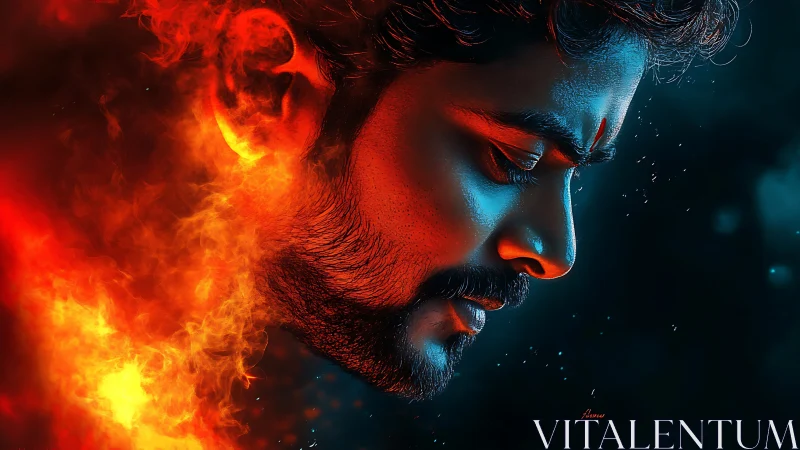 Male profile portrait contrasts blue lighting and rising fire