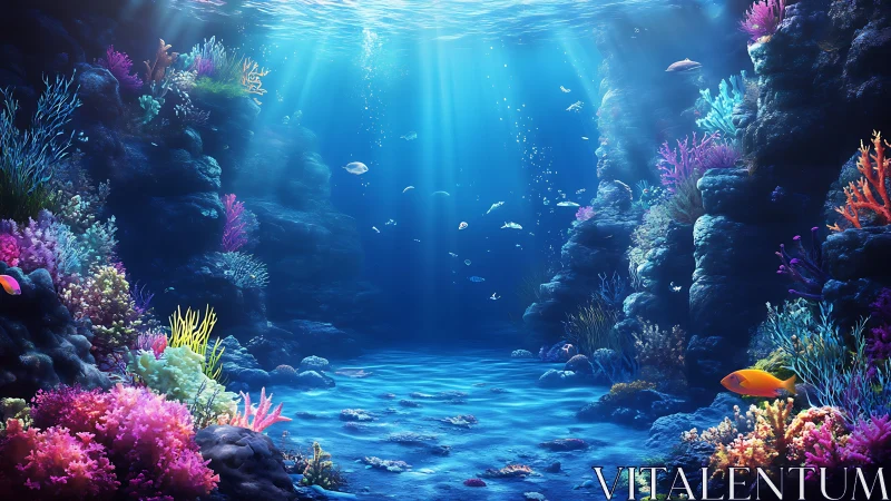 Sunlit coral canyon where colorful reef life drifts softly.