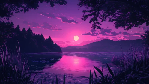 Moonlit lake horizon reflects magenta twilight sky clearly