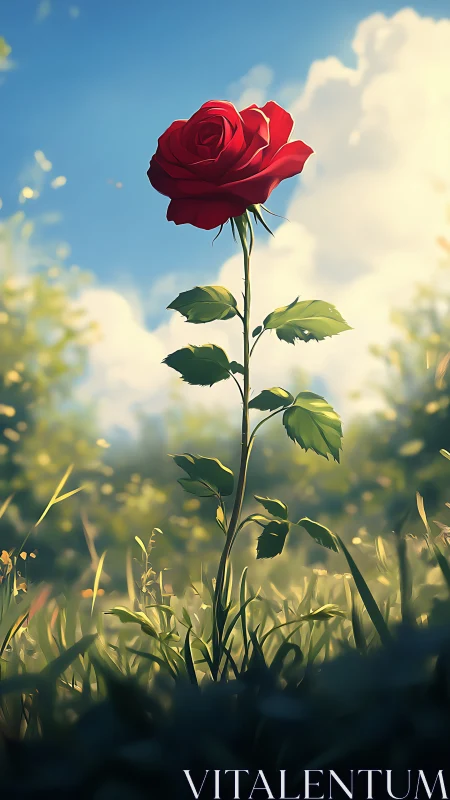 Vertical botanical study of a single red rose in meadow light.
