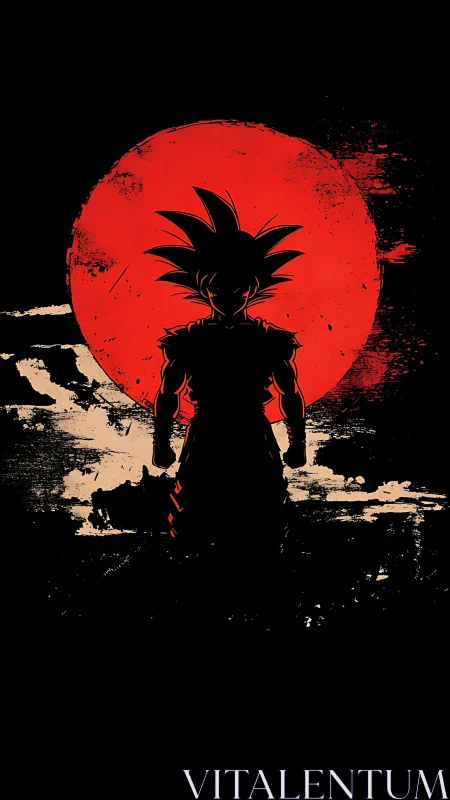 Silhouette warrior ignites beneath blood-red painted moon.