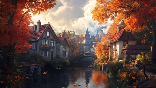 Autumnal riverside village rendered in warm digital painting light