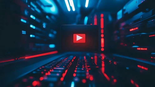 Glowing play button hovers over a neon lit server keyboard