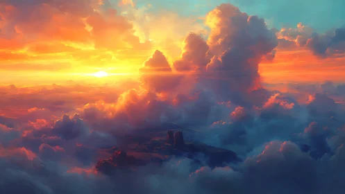 Sunset cloudscape with distant terrain and dense formations.