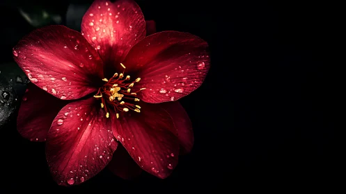 Crimson petals with dewdrops against darkness.