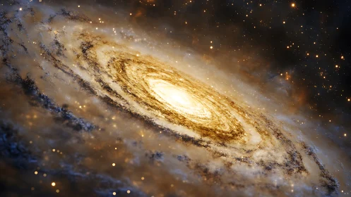 Golden spiral galaxy core with bright stars in deep space.