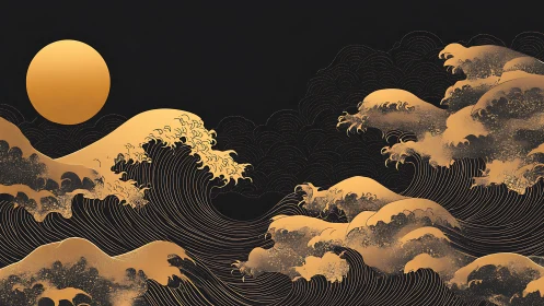 Gold-toned stylized waves and circular sun on dark background