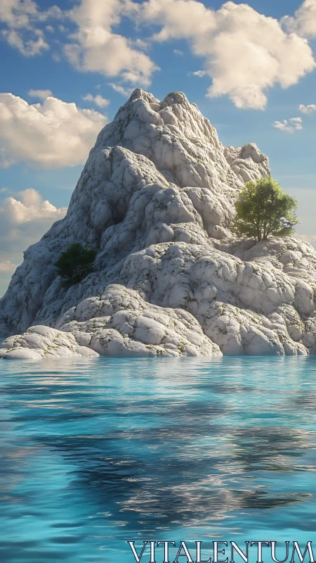 Towering White Rock Formation Emerges from Turquoise Waters.