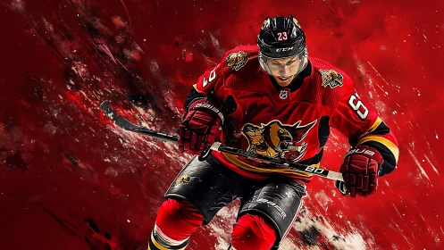 Dynamic ice hockey hero charging through bold red energy.