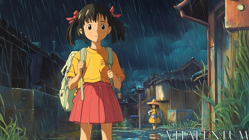 Girl walks alone through rainy alleyway in stylized town