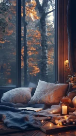 Cozy window reading nook glows softly against autumn forest