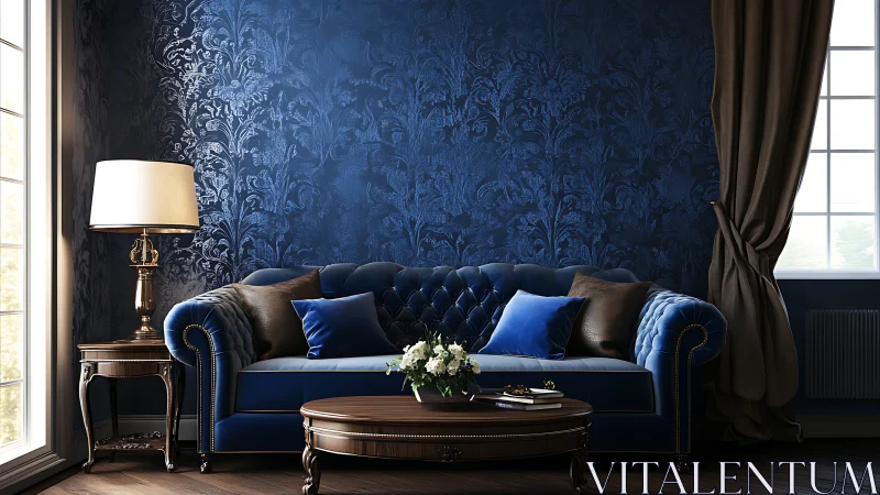 Cozy navy living room with plush sofa and warm lamplight.